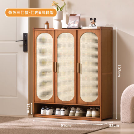 90cm Rattan Design 3 Door Bamboo Shoe Cupboard