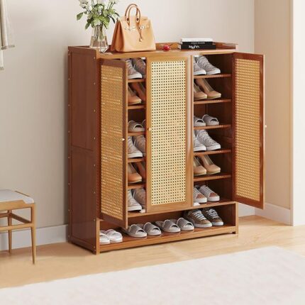 90cm Rattan Design 3 Door Bamboo Shoe Cupboard